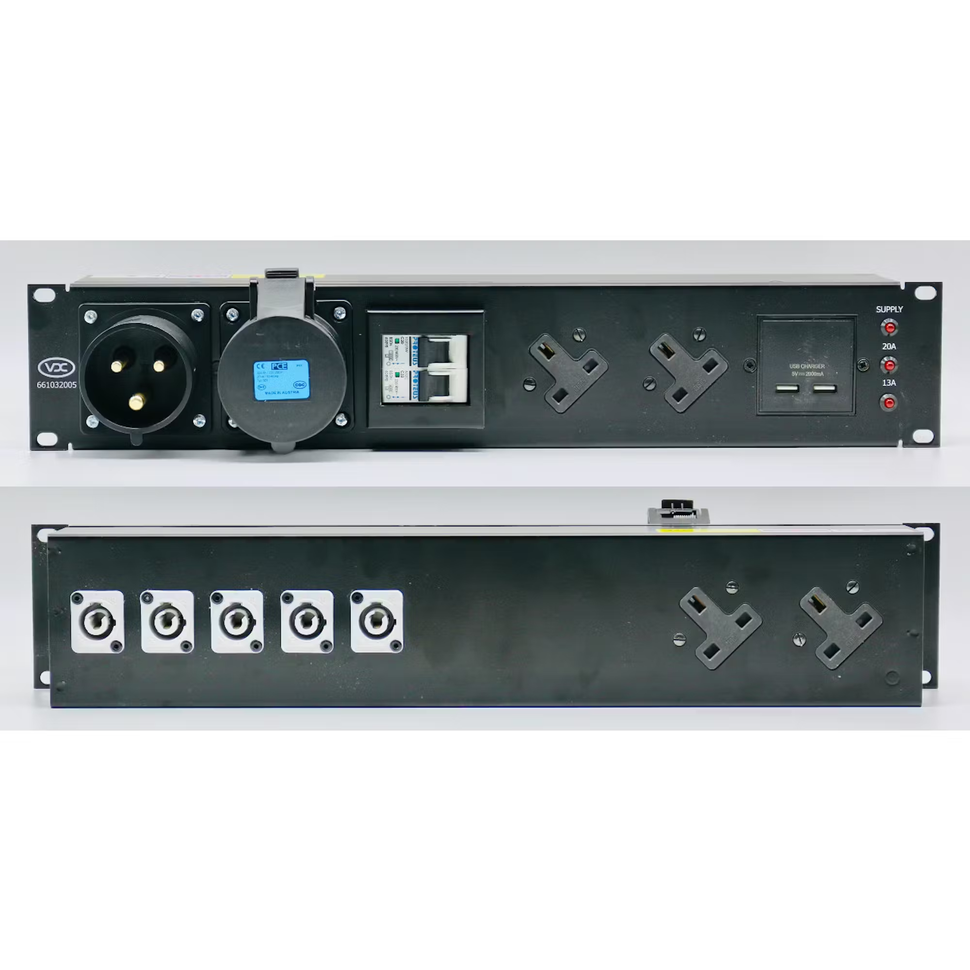 32A 1pH+N+E 230V 2U 19 Inch Rack Power Distro with 5 x PowerCON NAC3MBP 4 x 13A Sockets